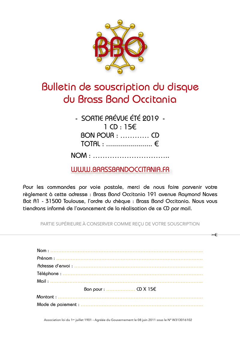 Bulletin de souscription du Cd du Brass Band Occitania